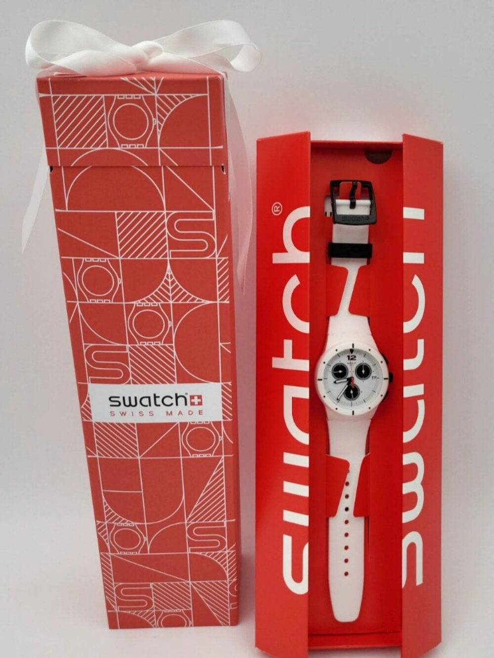 Swatch WHY AGAIN SUSW406 White Chronograph Swiss Quartz Watch 42